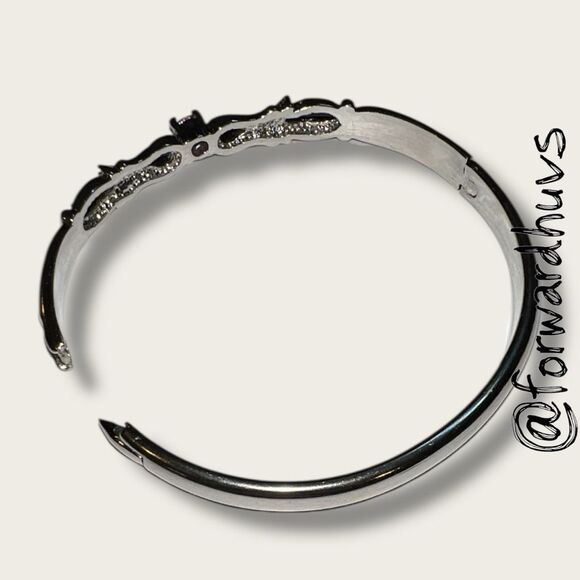 Silver-Plated Hinged Bracelet – Pink Cubic Zirconia - Ornate Center Pattern - Picture 7 of 12